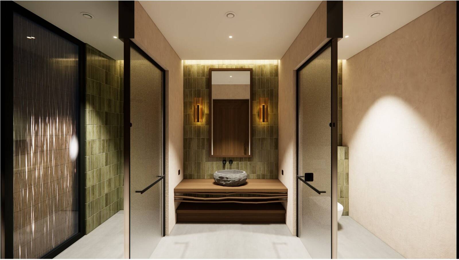 Salle de bain aux tons vert olive, villa Bali