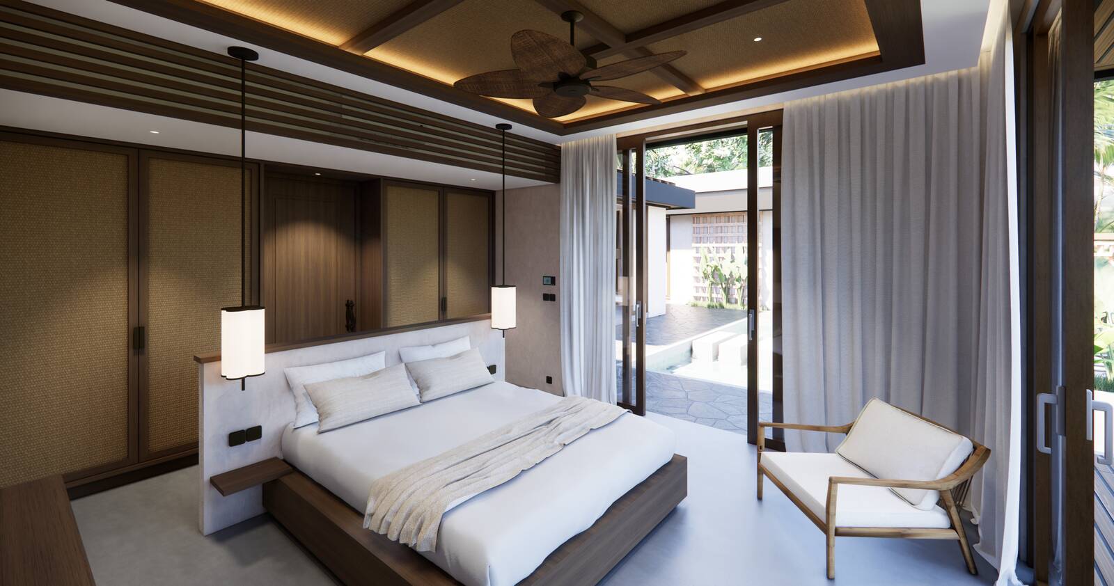 Suite avec plafond à caissons en bois et vue sur le jardin, villa Bali