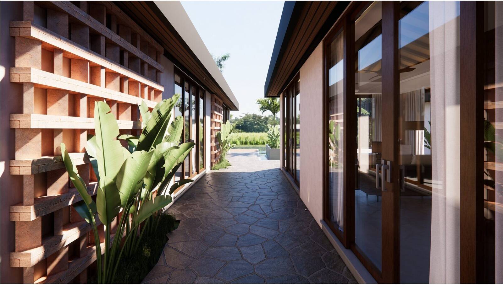 Couloir extérieur menant à la piscine, villa Bali
