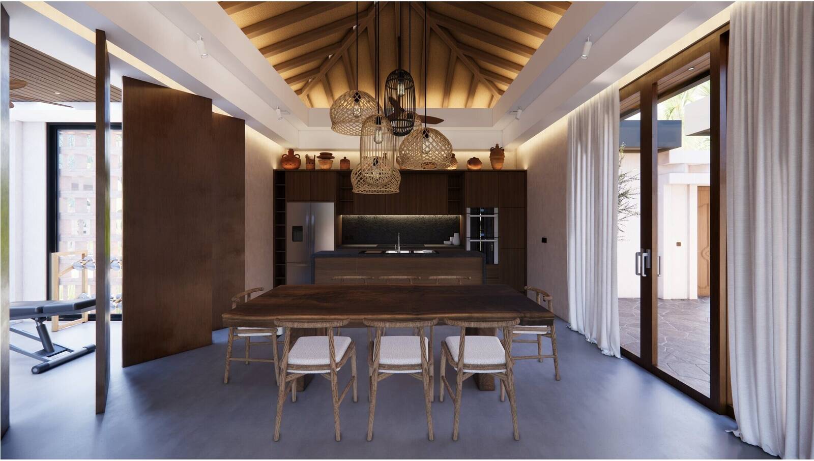 Cour intérieure avec table à manger et bassin, villa Bali