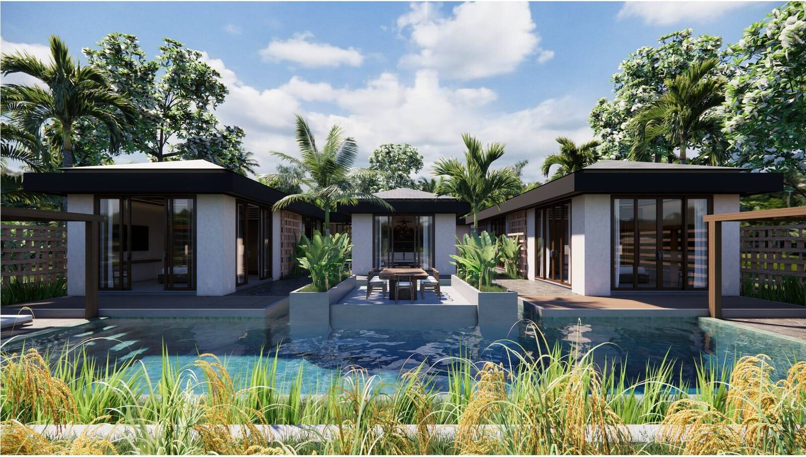 Vue d'ensemble de la villa à Amed, Bali — piscine et pavillons entourés de rizières
