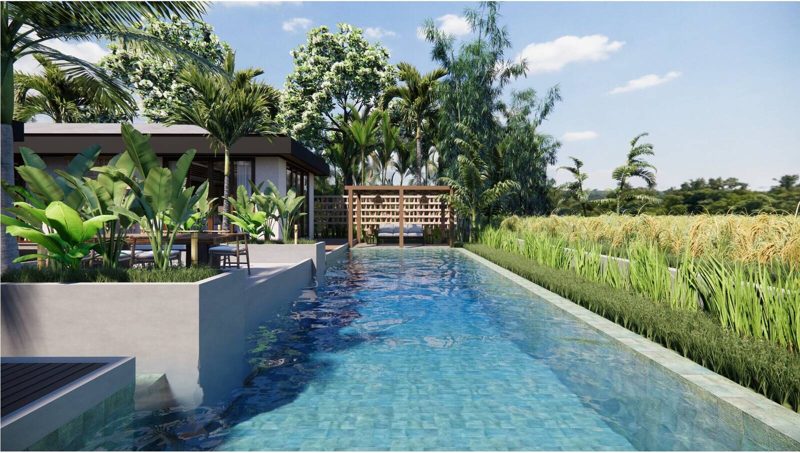 Espace détente au bord de la piscine, villa Bali