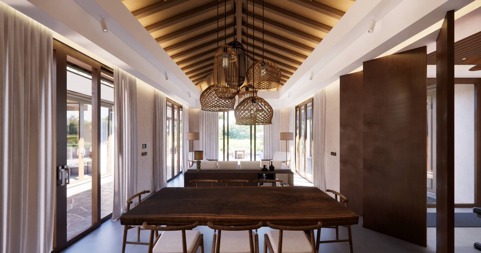 Salon et salle à manger sous charpente en bois, villa Bali